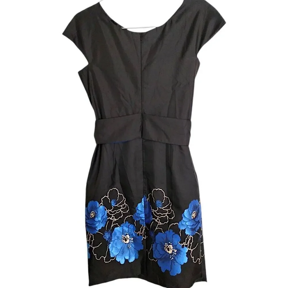 ALEX Womens Dress Sz‎ 6 Evenings Black Blue Floral Sheath Cap Sleeves Taffeta